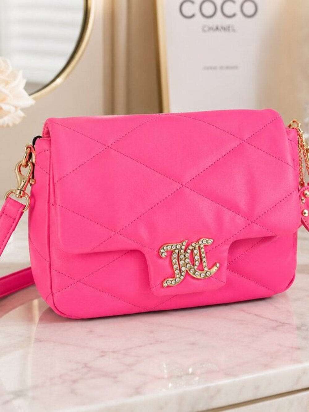 Juicy Couture Pink Lemonade Quilted Crossbody Bag Rhinestone JC Logo NWT